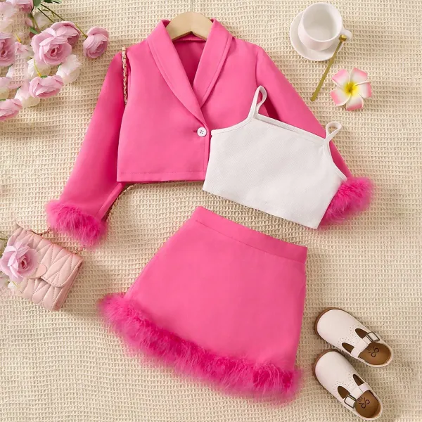 【3Y-7Y】3-piece Girls Fashion White Suspender Tank Top Rose Red Feather Edge Long Sleeve Blazer And Skirt Set - Popopieshop.com 