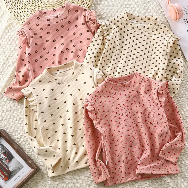 【18M-12Y】Girl Sweet Cotton Floral Polka Dot Heart Print Ruffle Long Sleeve T-shirt - 010 - Popopieshop.com 