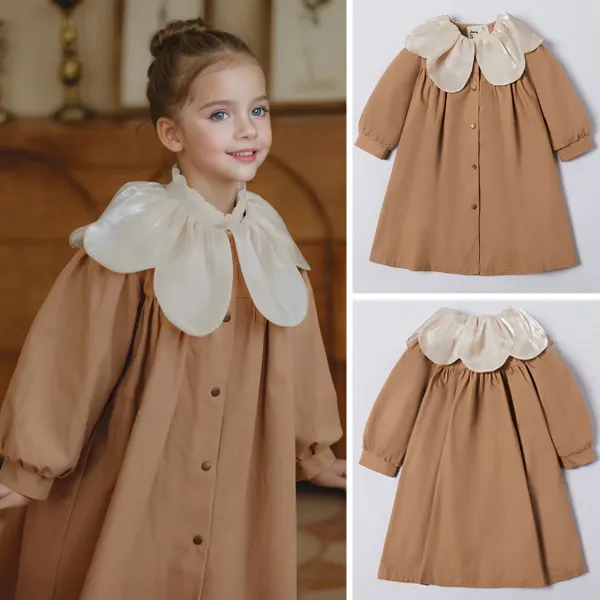 【18M-6Y】Girls Sweet Khaki Petal Collar Long Sleeve Coat - Popopieshop.com 