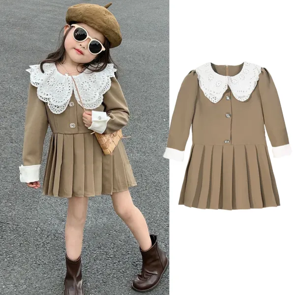 【18M-6Y】Girls Sweet Lace Doll Collar Puff Sleeve Pleated Dress - Popopieshop.com 