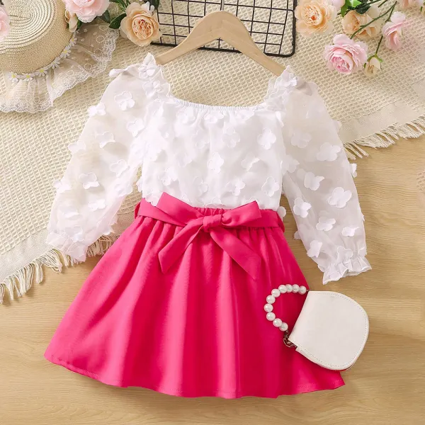 【3Y-7Y】2-piece Girls Fashion Chiffon Square Neck Long Sleeve Top And Rose Red Short Skirt Set - Popopieshop.com 