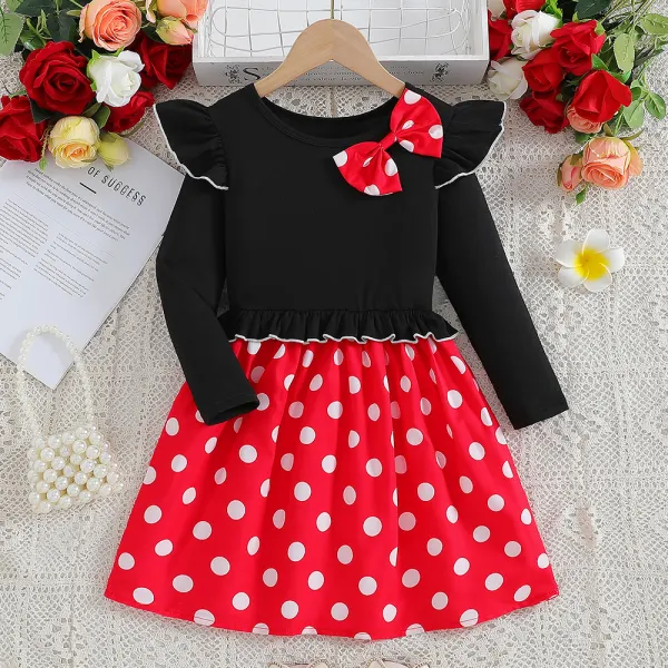 【18M-8Y】Girls Sweet Bowknot Red Polka Dot Chiffon Long Sleeve Dress - Popopieshop.com 