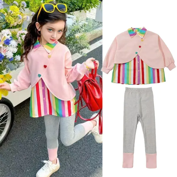 【12M-6Y】2-piece Girls Sweet Fake Two-piece Rainbow Splicing Lapel Sweatshirt And Leggings Set - Popopieshop.com 