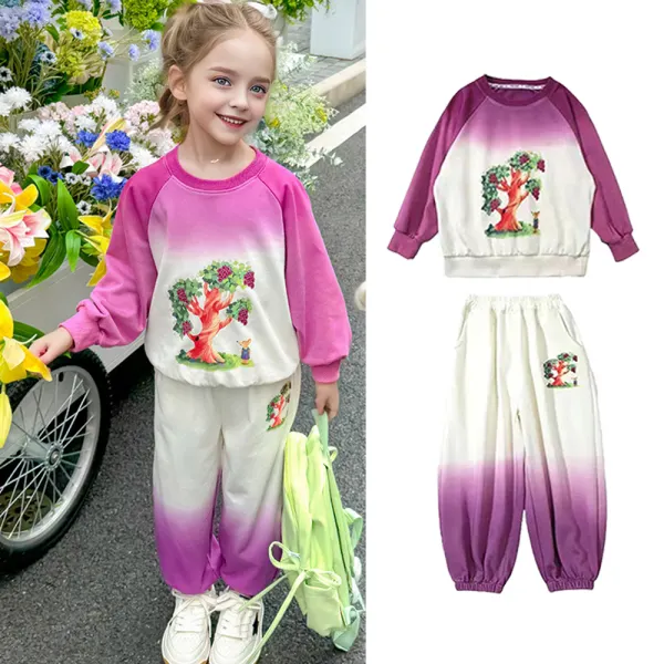 【18M-8Y】2-piece Girls Casual Apple Tree Print Ombre Round Neck Sweatshirt And Pants Set - Popopieshop.com 