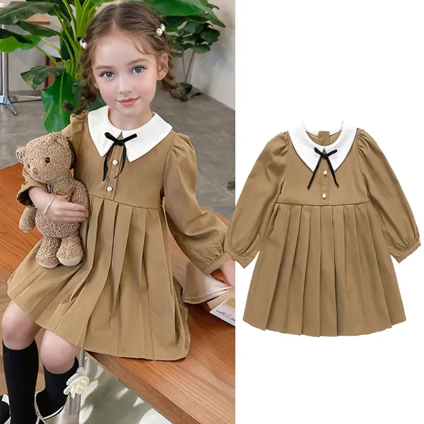 【18M-8Y】Girls Sweet College Style Lapel Bowknot Pleated Long Sleeve Dress - Popopieshop.com 