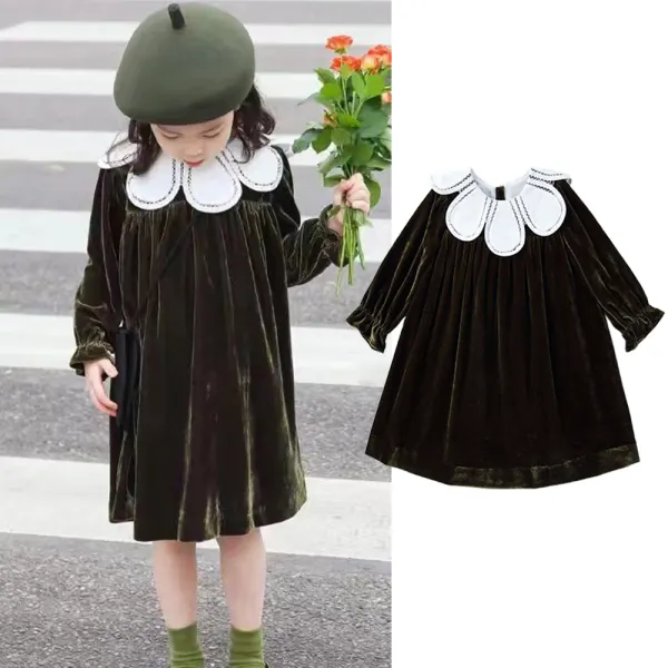 【18M-6Y】Girls Vintage Olive Green Velvet Lace Petal Collar Long Sleeve Dress - Popopieshop.com 