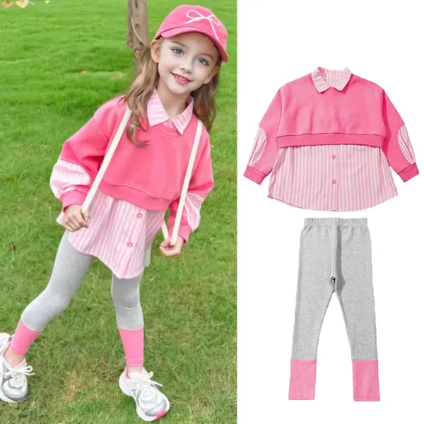 【12M-6Y】2-piece Girls Sweet Fake Two-piece Pink Striped Splicing Lapel Sweatshirt And Leggings Set - Popopieshop.com 