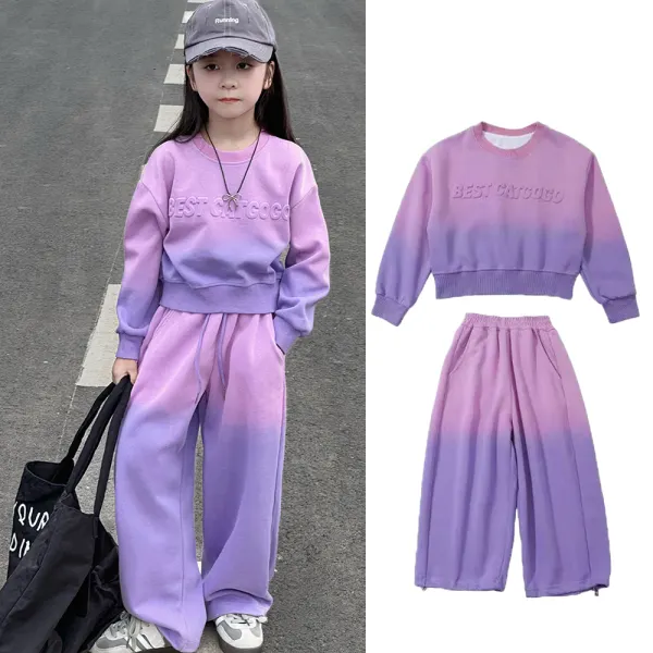 【18M-8Y】2-piece Girls Casual Sports Cotton Gradient Letter Printed Round Neck Sweatshirt And Wide Leg Pants Set - Popopieshop.com 