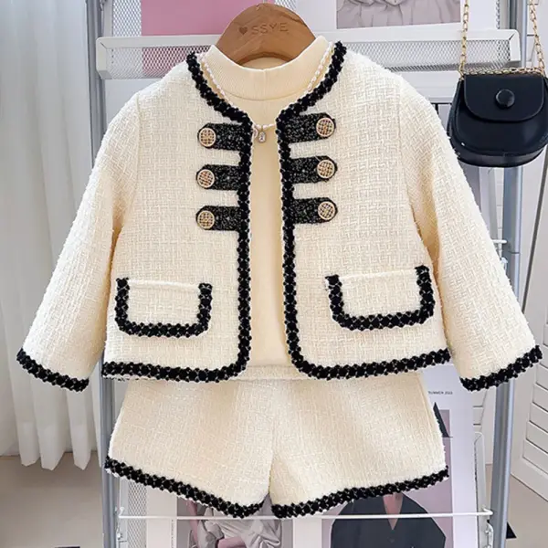 【18M-8Y】2-piece Girls Beige Tweed Jacket And Shorts Set - Popopieshop.com 