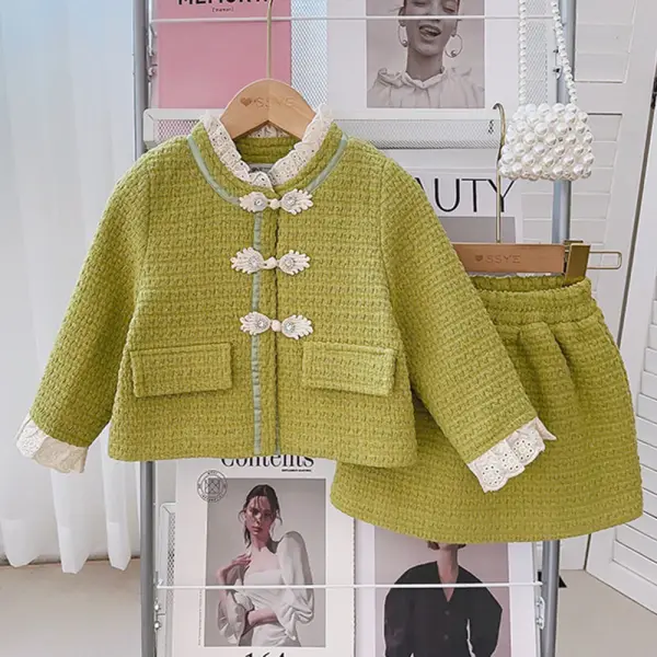 【18M-8Y】2-piece Girls Green Tweed Jacket And Skirt Set - Popopieshop.com 