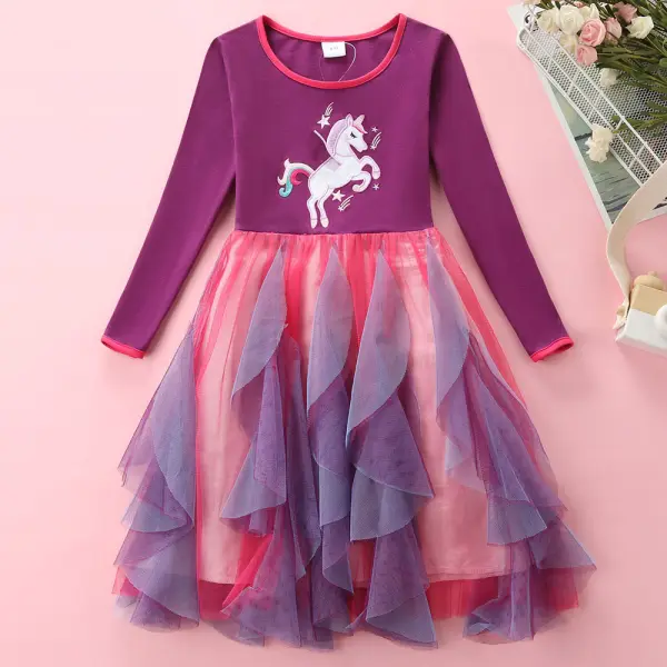 【3Y-8Y】Girls Unicorn Embroidered Mesh Long Sleeve Dress - Popopieshop.com 