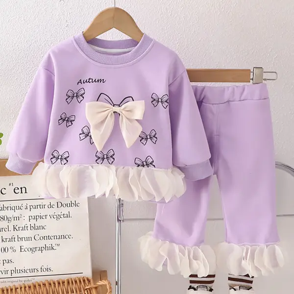【9M-4Y】2-piece Girls Bow Print Long Sleeve Sweatshirt And Pants Set - Popopieshop.com 