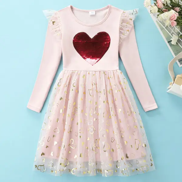 【3Y-8Y】Girls Light Pink Sequin Heart Embroidered Mesh Long Sleeve Dress - Popopieshop.com 