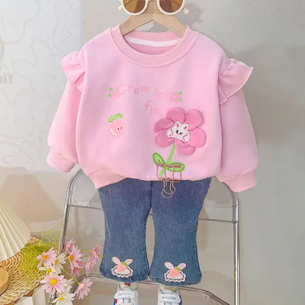 【9M-4Y】2-piece Girls Floral Applique Sweatshirt And Jeans Set - Popopieshop.com 
