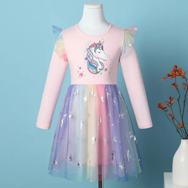 【3Y-8Y】Girls Pink Unicorn Print Gradient Mesh Long Sleeve Dress - Popopieshop.com 