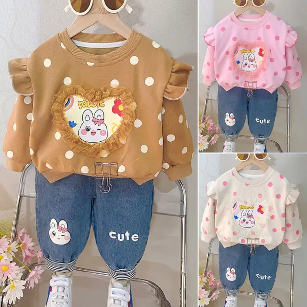 【9M-4Y】2-piece Girls Polka Dot Bunny Print Sweatshirt And Jeans Set - Popopieshop.com 