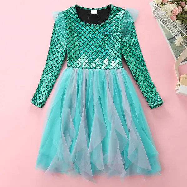【3Y-8Y】Girls Blue Mermaid Mesh Long Sleeve Dress - Popopieshop.com 