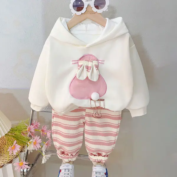【9M-4Y】2-piece Girl Bunny Embroidered Hooded Sweatshirt And Striped Pants Set - Popopieshop.com 