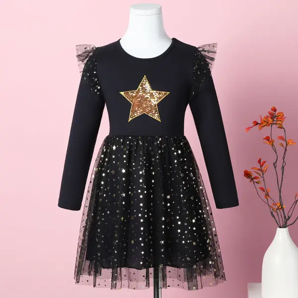 【3Y-8Y】Girls Black Sequin Star Embroidered Mesh Long Sleeve Dress - Popopieshop.com 