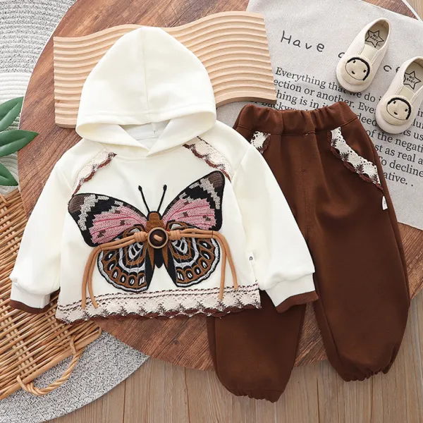 【6M-4Y】2-piece Girls Cute Butterfly Embroidered Hooded Sweatshirt And Pants Set - Popopieshop.com 