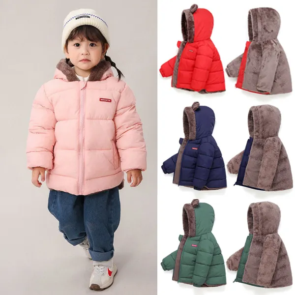 【18M-6Y】Kids Casual Solid Color Padded Hooded Fleece Quilted Jacket - Popopieshop.com 