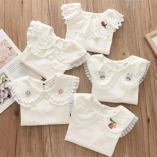 【12M-8Y】Girls Sweet Floral And Bunny Embroidered Ruffle Neck T-shirt - Popopieshop.com 