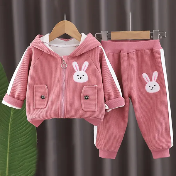 【6M-4Y】2-piece Girls Cute Bunny Embroidered Pink Padded Fleece Hooded Cardigan And Pants Set - Popopieshop.com 