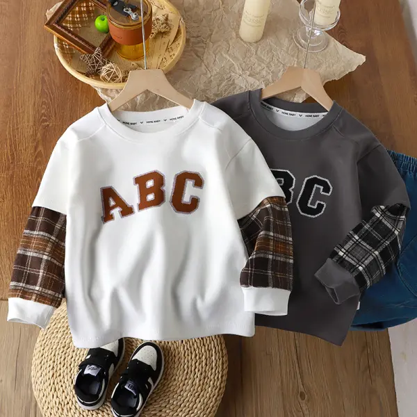 【18M-12Y】Boys Fashion Letter Print Plaid Sleeve T-shirt - Popopieshop.com 