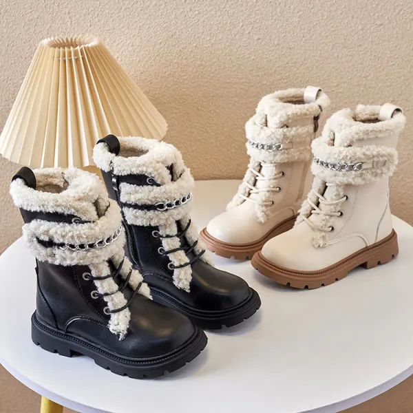 Girls Fashion Chain Buckle Design Padded Fleece PU Boots - Popopieshop.com 