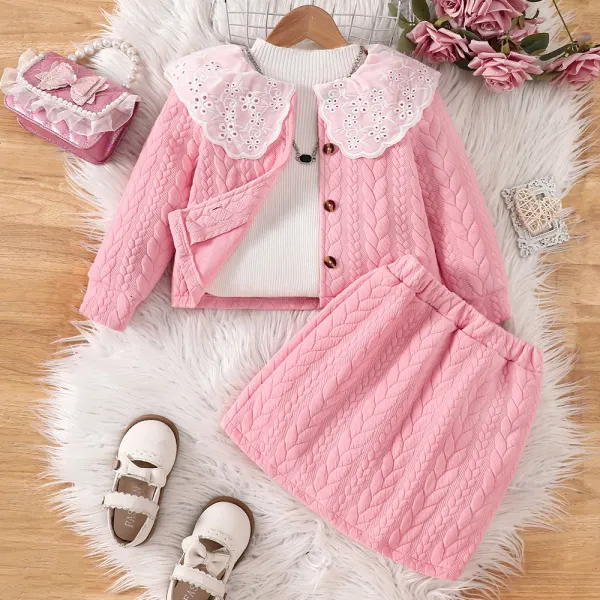 【2Y-7Y】2-piece Girls Sweet Pink Lace Doll Collar Long Sleeve Coat And Skirt Set - Popopieshop.com 