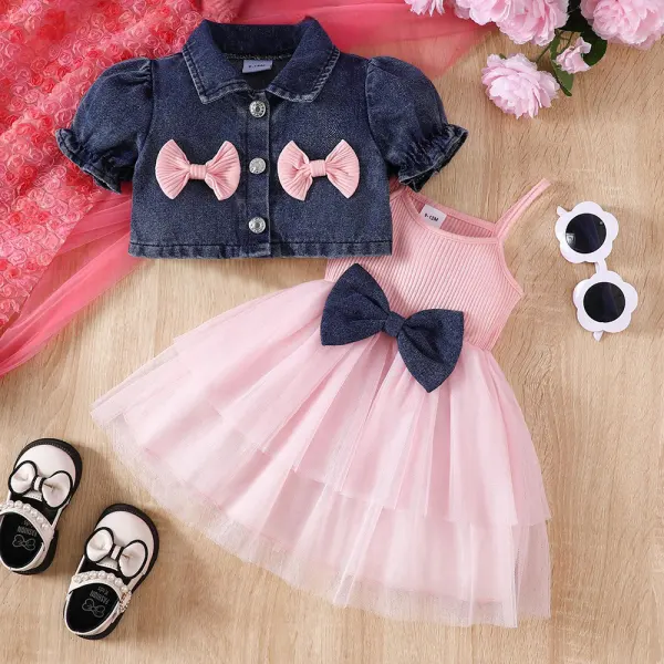 【3M-24M】3-piece Baby Girl Sweet Bowknot Lapel Denim Jacket And Splicing Layered Tulle Suspender Skirt Suit With Headband - Popopieshop.com 