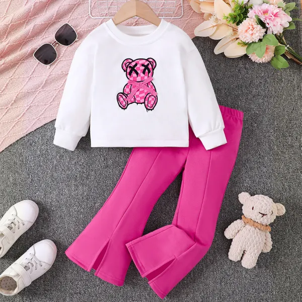 【2Y-7Y】2-piece Girls Cute Bear Printed Round Neck Sweatshirt And Rose Red Flared Pants Set - Popopieshop.com 