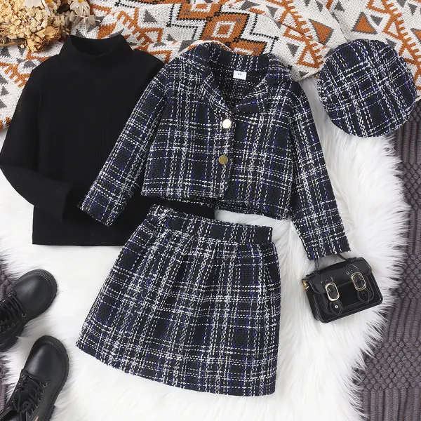 【3Y-7Y】4-piece Girls Chanel Style Black Long Sleeve T-shirt Tweed Blazer And Skirt Set With Hat - 34796 - Popopieshop.com 
