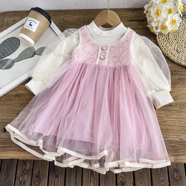 【12M-6Y】2-piece Girls Sweet Puff Sleeve T-shirt And Lace Spliced ​​​​Puffy Tulle Sleeveless Princess Dress Set - Popopieshop.com 