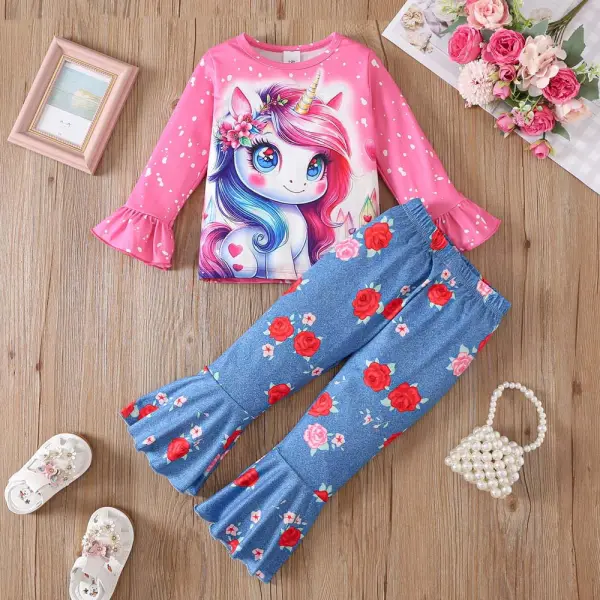 【2Y-8Y】2-piece Girls Cute Unicorn Print Long Sleeve T-shirt And Rose Print Flared Pants Set - Popopieshop.com 