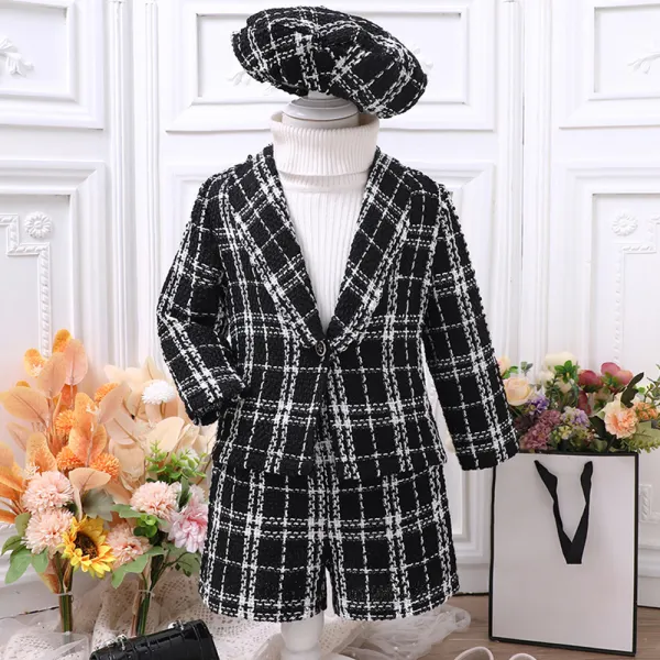 【2Y-7Y】3-piece Girls Chanel Style Plaid Blazer And Shorts Set With Hat - Popopieshop.com 
