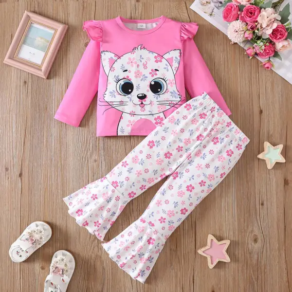 【2Y-8Y】2-piece Girls Cute Cat Print Ruffled Long Sleeve T-shirt And Floral Flared Pants Set - Popopieshop.com 