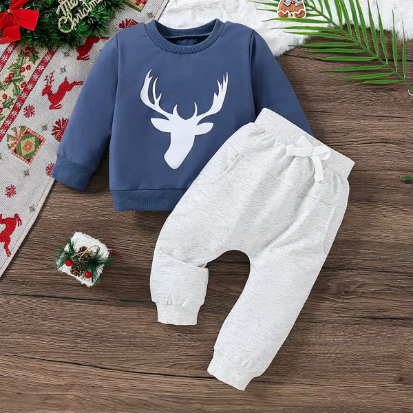 【3M-3Y】2-piece Baby Boys Cute Cotton Deer Print Round Neck Sweatshirt And Pants Set - Popopie.com 