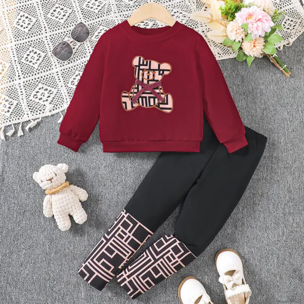 【2Y-7Y】2-piece Girls Cute Bear Embroidery Round Neck Sweatshirt And Pants Set - Popopieshop.com 
