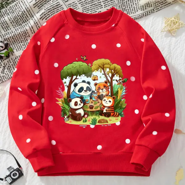【2Y-8Y】Girls Red Polka Dot Animal Print Round Neck Long Sleeve Sweatshirt - Popopieshop.com 