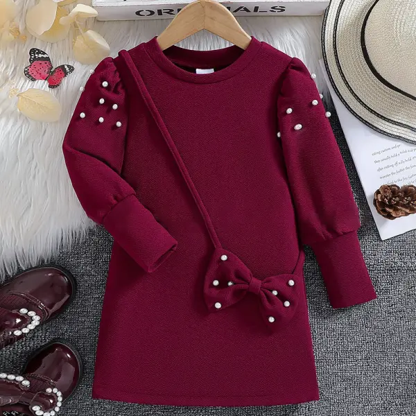 【3Y-7Y】2-piece Girls Christmas Red Pearls Long Sleeve Dress With Bows - Popopieshop.com 