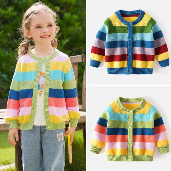 【12M-8Y】Unisex Kids Rainbow Stripe Long Sleeve Sweater Cardigan - Popopieshop.com 