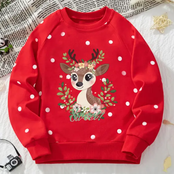 【2Y-8Y】Girls Red Polka Dot Fawn Print Round Neck Long Sleeve Sweatshirt - Popopieshop.com 