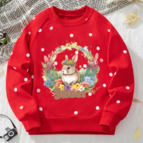 【2Y-8Y】Girls Red Polka Dot Bunny Print Round Neck Long Sleeve Sweatshirt - Popopieshop.com 