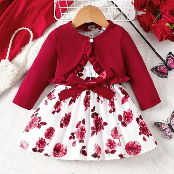 【6M-3Y】2-piece Baby Girl Sweet Floral Print Dress And Red Ruffle Cardigan Set - Popopieshop.com 