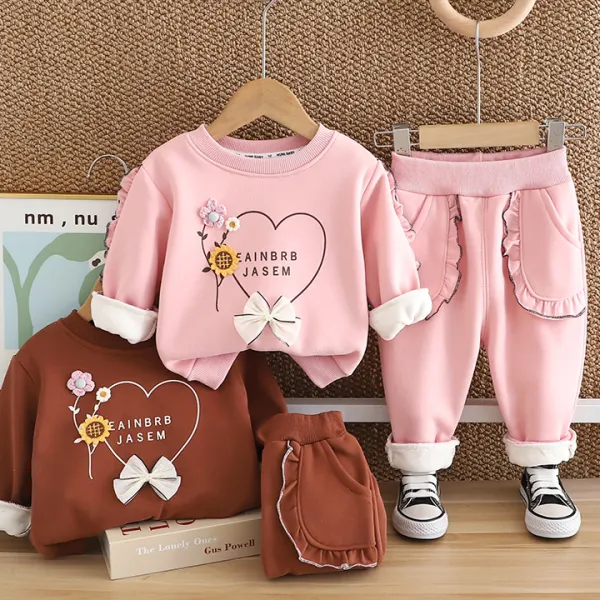 【6M-4Y】2-piece Girls Sweet Floral Embroidery Letter Print Padded Fleece Sweatshirt And Sweatpants Set - Popopieshop.com 