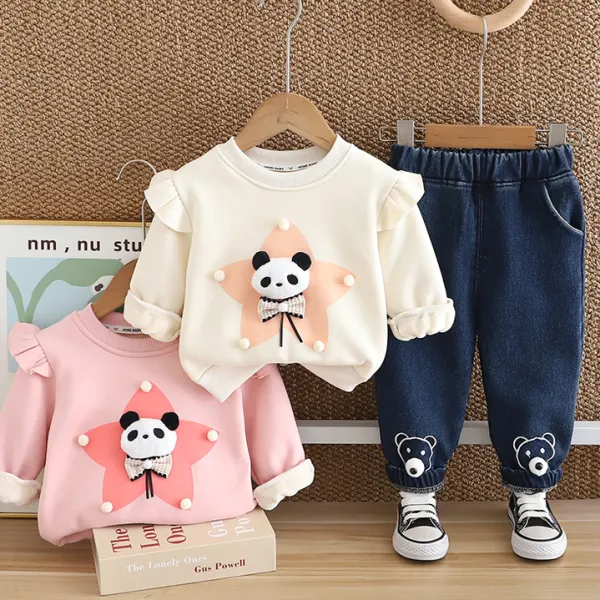 【6M-4Y】2-piece Girls Cute Star Print And Bow Panda Embroidery Padded Fleece Sweatshirt And Jeans Set - Popopieshop.com 