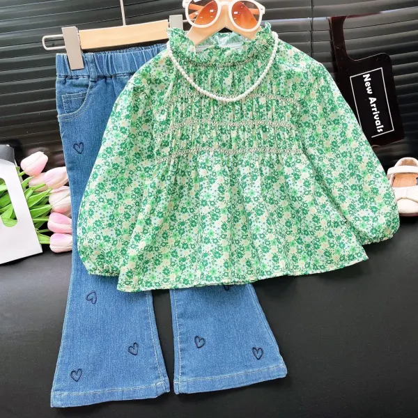 【2Y-8Y】2-piece Girls Cute Floral Print Green Blouse And Heart Shape Print Blue Jeans Set - Popopieshop.com 