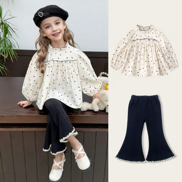 【2Y-8Y】2-piece Girls Sweet Heart Shape Printed Blouse And Black Pants Set - 34773 - Popopieshop.com 