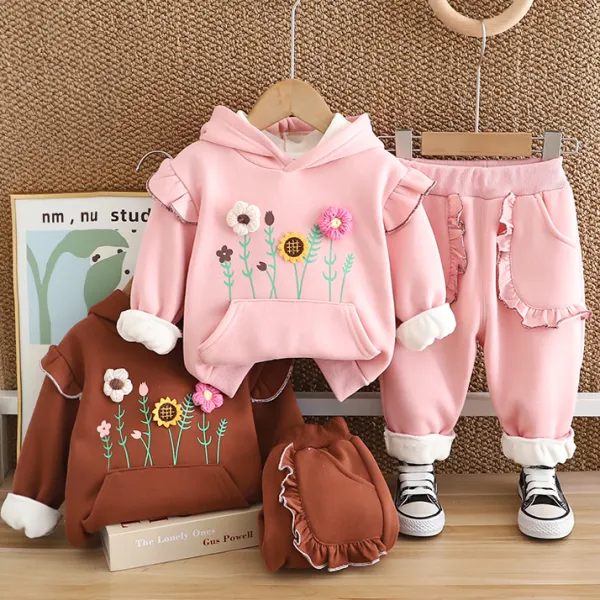 【6M-4Y】2-piece Girls Sweet Dimensional Flower Embroidery Padded Fleece Hooded Sweatshirt And Sweatpants Set - Popopieshop.com 